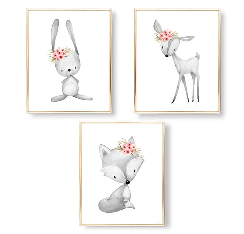 Gray Pink Fox Bunny Deer - Woodland Nursery Print Set, NW39