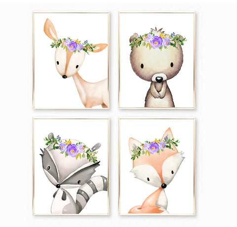 Woodland Nursery Raccoon Fox Bear Deer, Purple Flower Headset Print Set, NW42