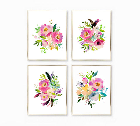 Boho Pink Floral Bouquets Print Set