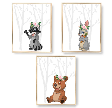 Woodland Forest Baby Animals with Floral Headband - Nursery Print Set, NW35