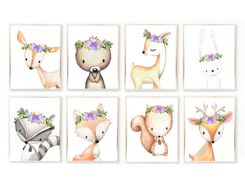 Cute Woodland Baby Animals, Flower Headband - Nursery Print Set, NW30