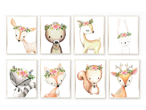Woodland Animal Friends with pink floral Headband - Nursery Print Set, NW27