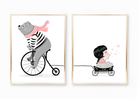 Little Girl and Bear on Bike Nursery Print
