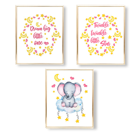 Dream Big Baby Elephant Nursery Print Set
