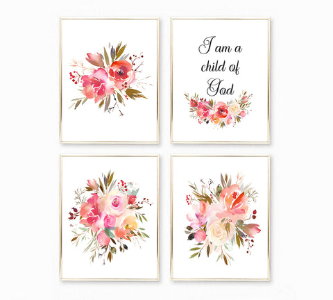 Bible Verse 'I am a child of God' with Floral Bouquets - Nursery Print Set, NQ11