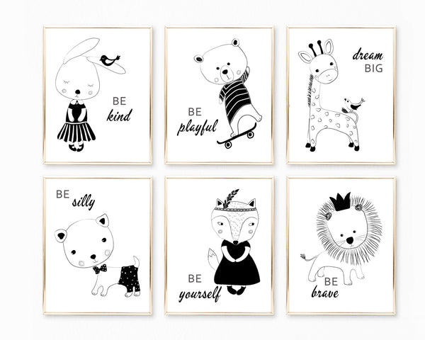 Encouraging Words with Animals Black and White - Nursery Print Set, NT09