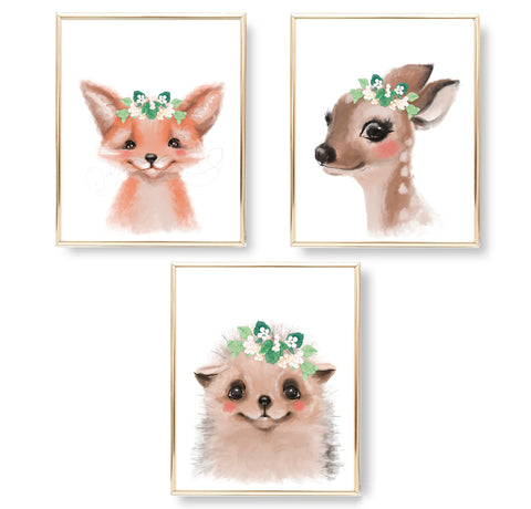 Woodland Animal Cubs with Flowers - Nursery Print Set, NW08