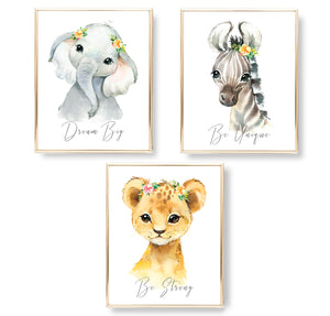 Encouraging Baby Lion, Elephant, Zebra - Safari Nursery Print Set, NS11