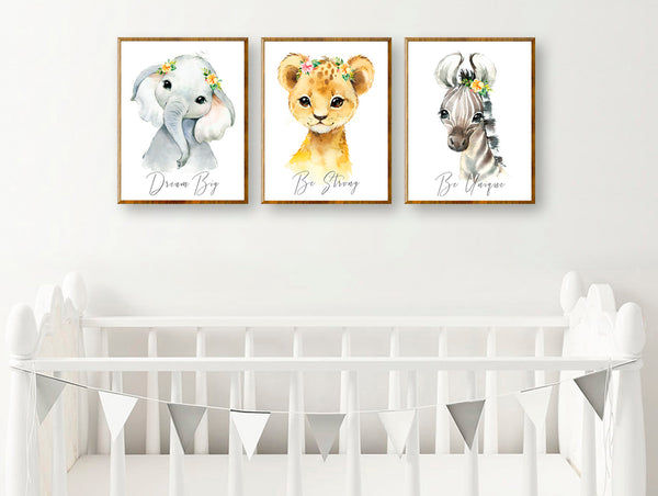 Encouraging Baby Lion, Elephant, Zebra - Safari Nursery Print Set, NS11