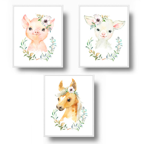 Farm Baby Animals with Floral Headband - Nursery Print Set, NW54