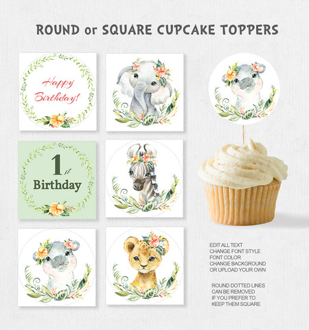 Cupcake Toppers Templates, Safari Jungle Design - C01