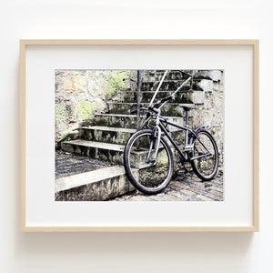 Old-world Charm Bicycle at Staircase Printable Art in Multiple Sizes - Land07