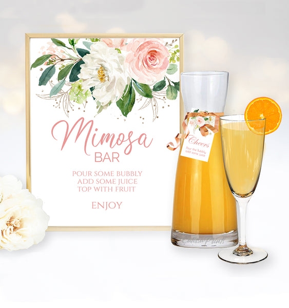 Mimosa Bar Sign and Juice Labels / Tags Templates - Blush Pink Floral Design, M1