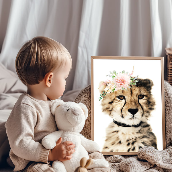 Cute Leopard Cub with Flower Crown Nursery Digital Printable in Multiple Sizes - NA1006A