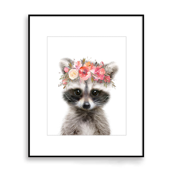 Baby Raccoon with Flowers Nursery Digital Printable Art in Multiple Sizes - NA1007E