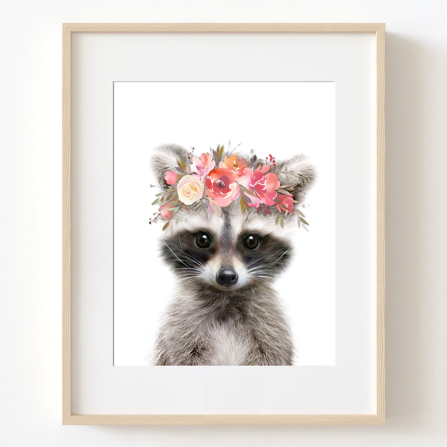Baby Raccoon with Flowers Nursery Digital Printable Art in Multiple Sizes - NA1007E