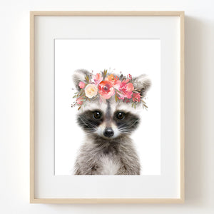 Baby Raccoon with Flowers Nursery Digital Printable Art in Multiple Sizes - NA1007E