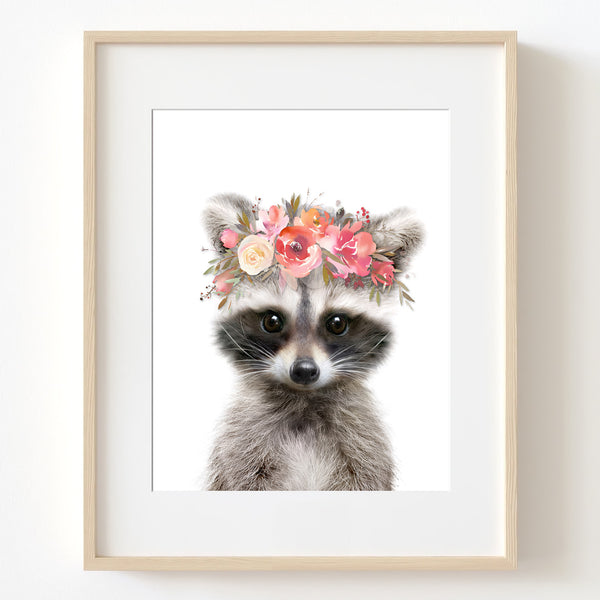 Baby Raccoon with Flowers Nursery Digital Printable Art in Multiple Sizes - NA1007E