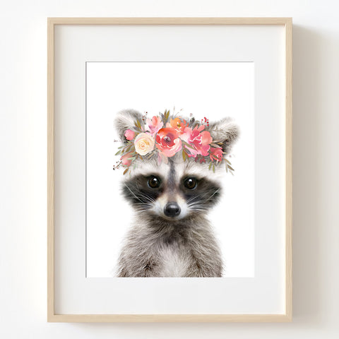 Baby Raccoon with Flowers Nursery Digital Printable Art in Multiple Sizes - NA1007E