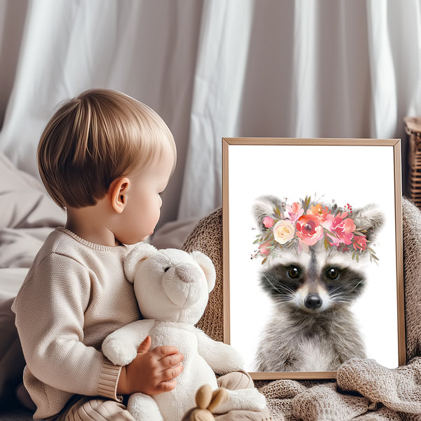 Baby Raccoon with Flowers Nursery Digital Printable Art in Multiple Sizes - NA1007E