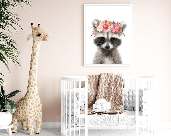 Baby Raccoon with Flowers Nursery Digital Printable Art in Multiple Sizes - NA1007E