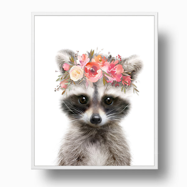 Baby Raccoon with Flowers Nursery Digital Printable Art in Multiple Sizes - NA1007E