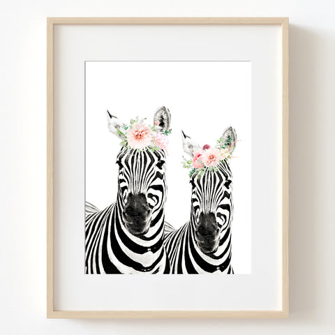 Zebra Sisters with Flower Crown Nursery Digital Printable Art in Multiple Sizes - NA1018B