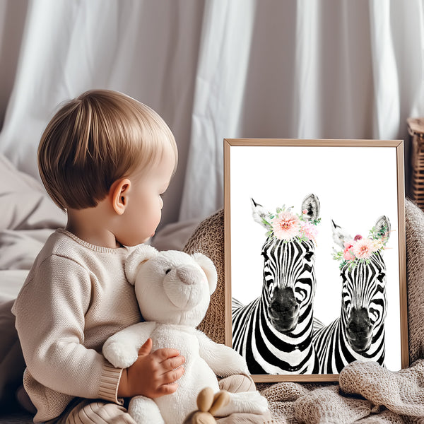 Zebra Sisters with Flower Crown Nursery Digital Printable Art in Multiple Sizes - NA1018B