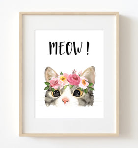 Kitten 'MEOW' Cat Lover Woodland Nursery Print - NF1101