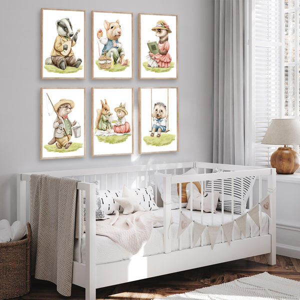 Rabbit Family on Picnic Nursery Print Set - NLGSet08