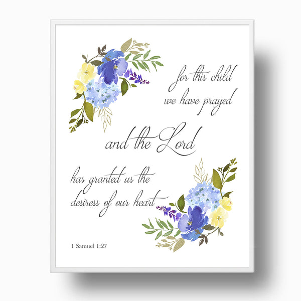 Bible Verse 'For This Child We Have Prayed' Nursery Blue Yellow Floral Print - NQ1055Q