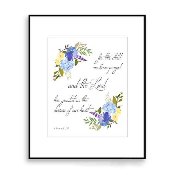 Bible Verse 'For This Child We Have Prayed' Nursery Blue Yellow Floral Print - NQ1055Q