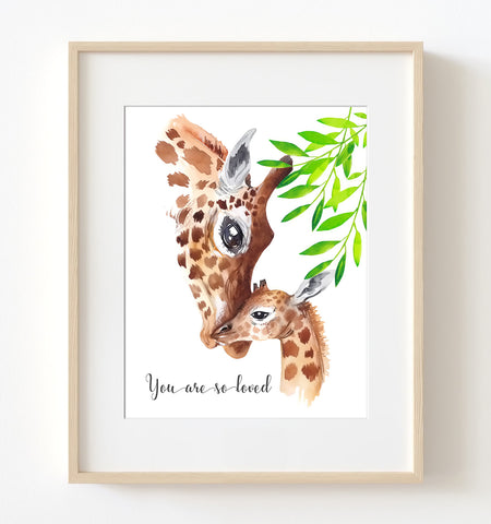 Giraffe Mom with Baby - Safari Nursery Print - NSF1035A