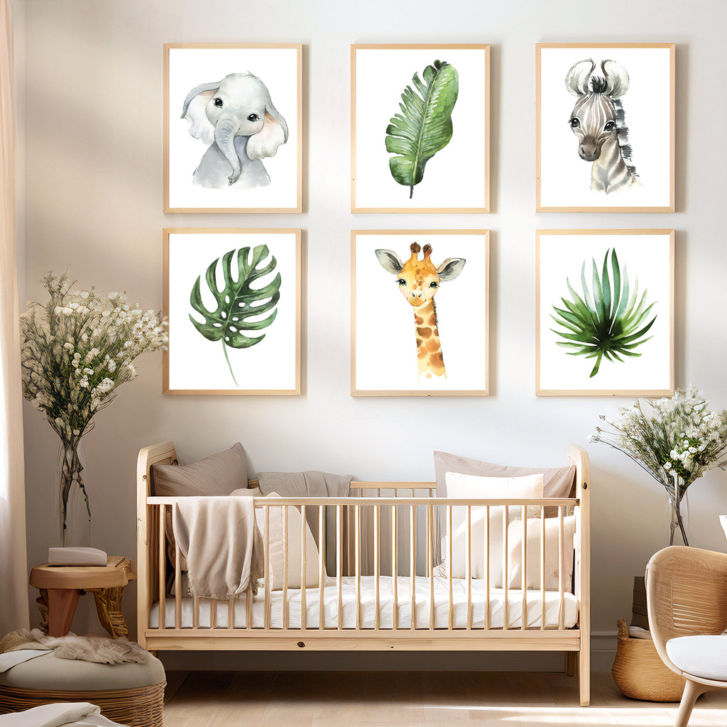 Safari animal nursery print set with tropical greenery Digital Downloa
