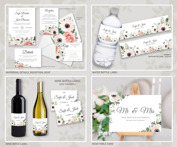 Wedding Bundle Template Set – AMELIA - Anemone Rose Design – WED02 - CalissaPrints