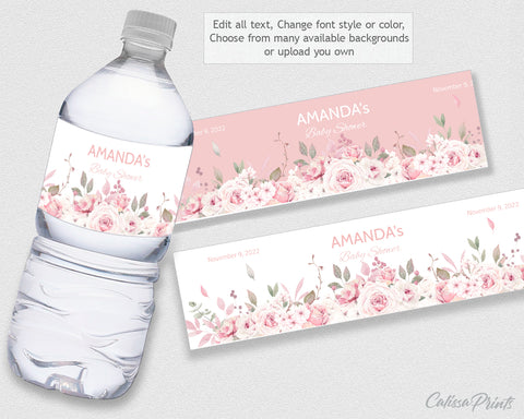 Baby Shower Water Bottle Label Template, Pretty Rose Design - Baby13