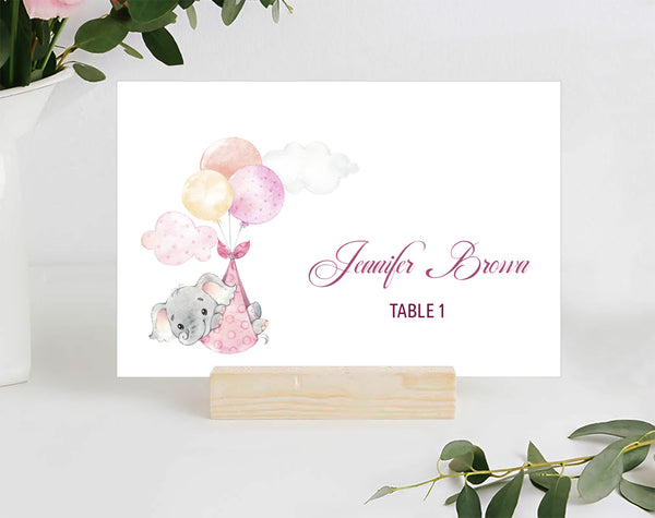 Baby Shower Place / Seating Card Template, Pink Baby Elephant Design - BABY23