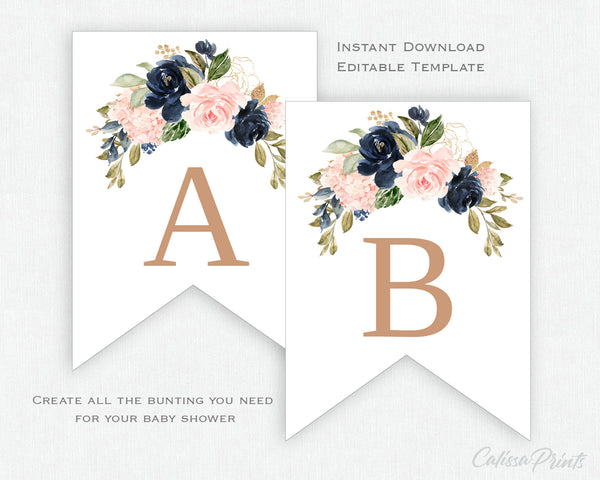 Baby Shower Party Editable Template Bundle, Navy Blush Banner, by CalissaPrints