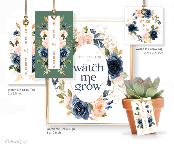Baby Shower Party Editable Template Bundle, Navy Blush 'Watch Me Grow' by CalissaPrints