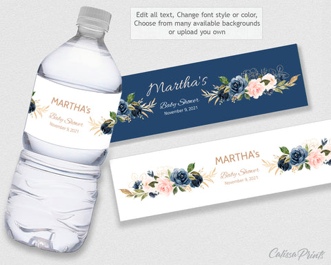 Baby Shower Water Bottle Label Template, Navy Blush Design - Baby25