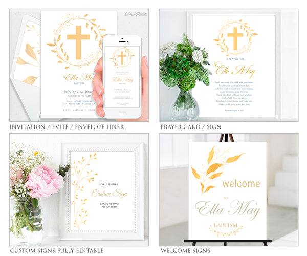 Baptism Party Stationery Template Set - Golden Leaf Design, BAPT2 - CalissaPrints