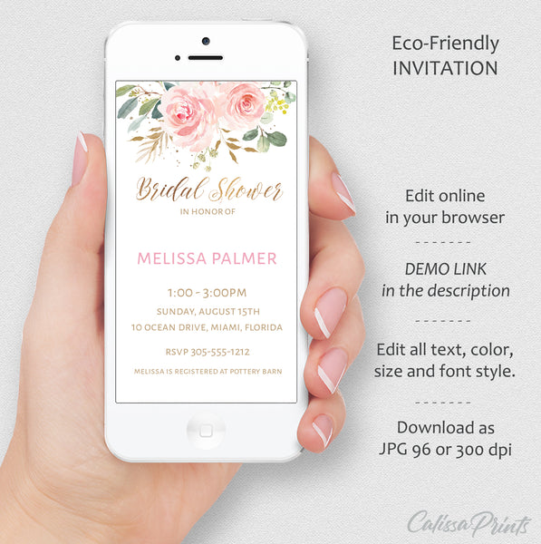 Blush Pink Theme Editable Bridal Shower Invitation Combo, BR01 - CalissaPrints