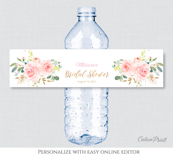 Bridal Shower Water Bottle Label Editable Template, Blush Pink Theme, BRD01 - CalissaPrints