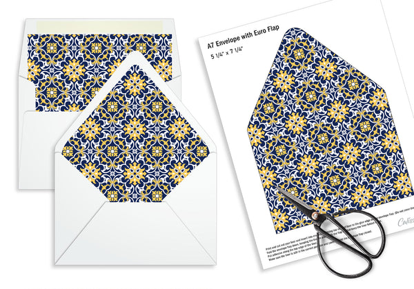 Party Favor Envelope Liner, Yellow Blue Moroccan Tile Design, 10 Sizes,  EL06 - CalissaPrints