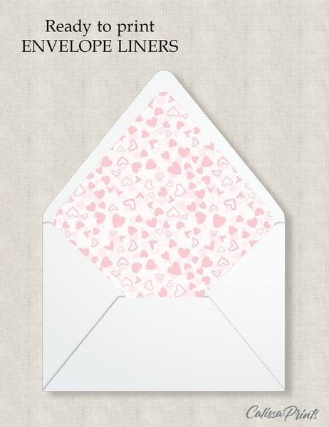Party Favor Envelope Liner, Pink Hearts Design, 10 Sizes, EL07 - CalissaPrints