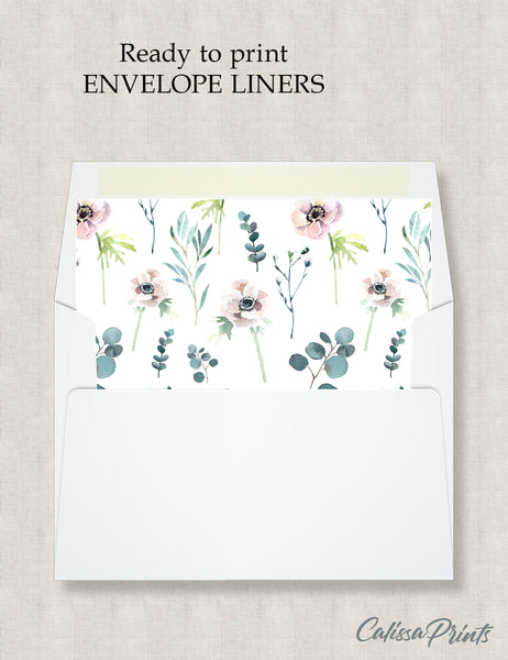 Party Favor Envelope Liner, Wild Flowers and Green Leaves Design, 10 Sizes, EL12 - CalissaPrints