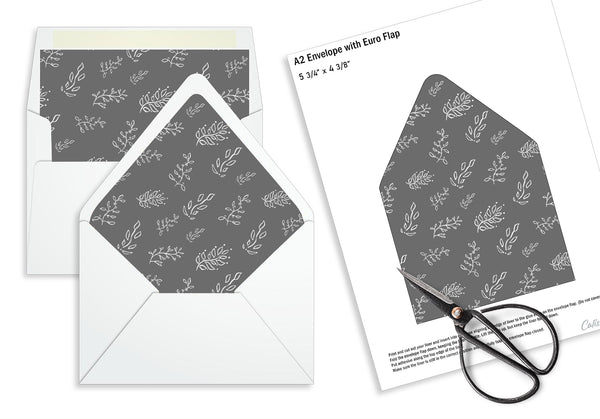 Party Favor Envelope Liner, Gray White Leaves Design, 10 Sizes, EL17 - CalissaPrints