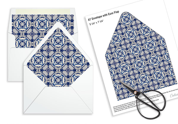 Party Favor Envelope Liner, Blue White Moroccan Tile Design, 10 Sizes, EL23 - CalissaPrints