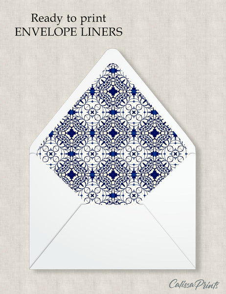 Party Favor Envelope Liner, Envelope Liner - Moroccan Blue White Tile Design, 10 Sizes, EL26 - CalissaPrints