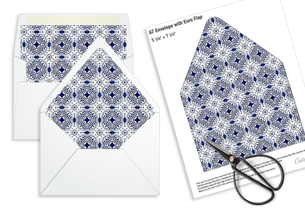 Party Favor Envelope Liner, Envelope Liner - Moroccan Blue White Tile Design, 10 Sizes, EL26 - CalissaPrints